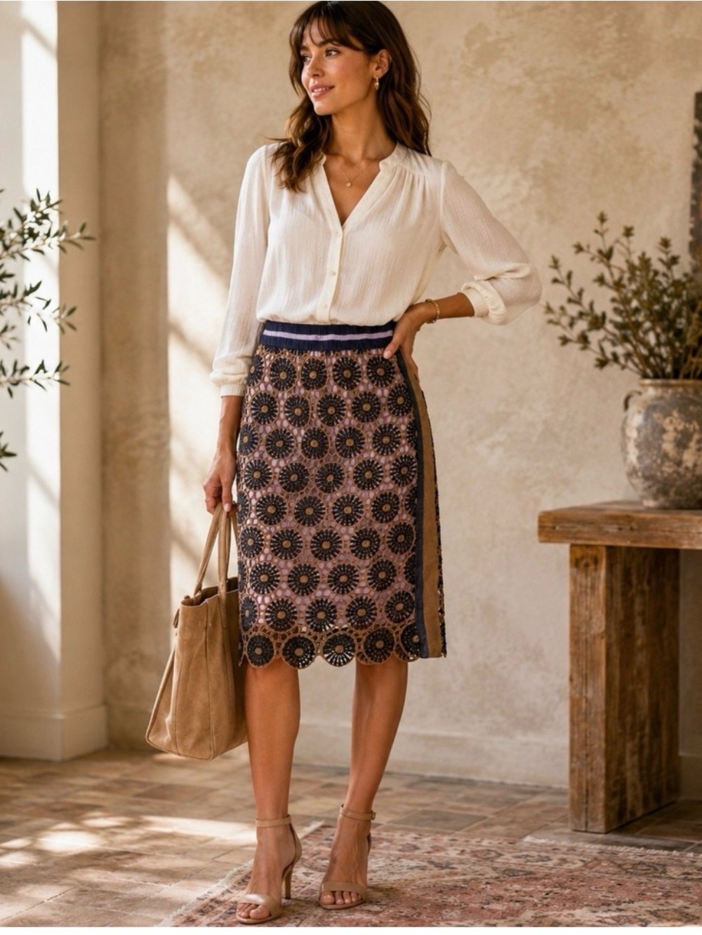 Anthropologie Current Air floral crochet and lace pencil skirt